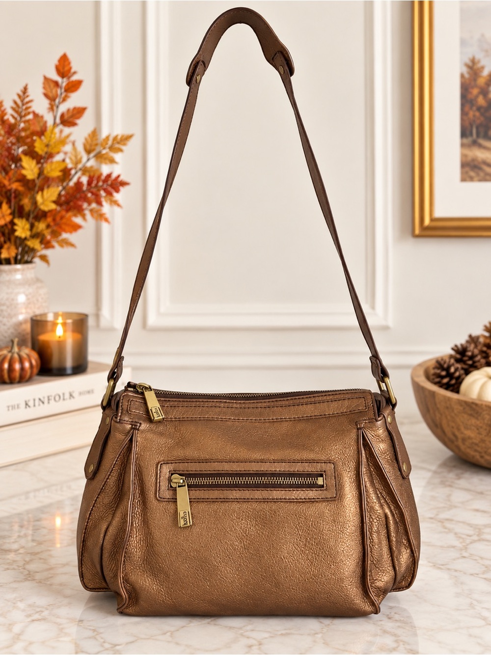Kooba Metallic Bronze Leather Crossbody Shoulder Bag Zip Pocket